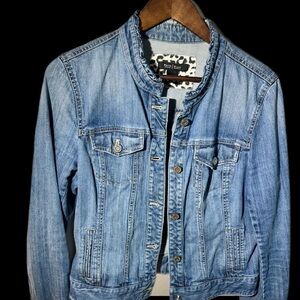White House Black Market Denim Jacket Ruffle Collar Button Front Women’s Size 12